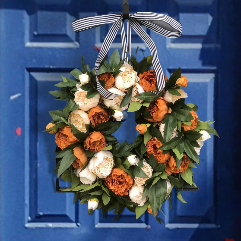 40 cm kunstlik pojengi pärg hooajaline värviline roosa oranž pojeng pärjad aknaseinale, pühade pulmadekoratsiooni riputamiseks