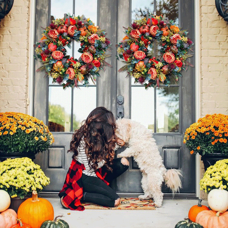 Jesenski vijenac za vrata 2022. Dekoracija za noć vještica od božura i bundeve Javor Umjetni vijenac od tkanine od ratana Jesensko uređenje doma