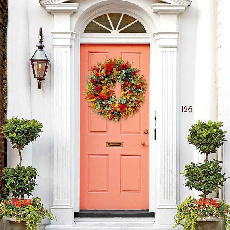 Rudens priekšdurvju vītne Pateicības dienas rudens mākslīgie vainagi Eikalipta lauku mājas piekarināmais vainags svētku rotājumi