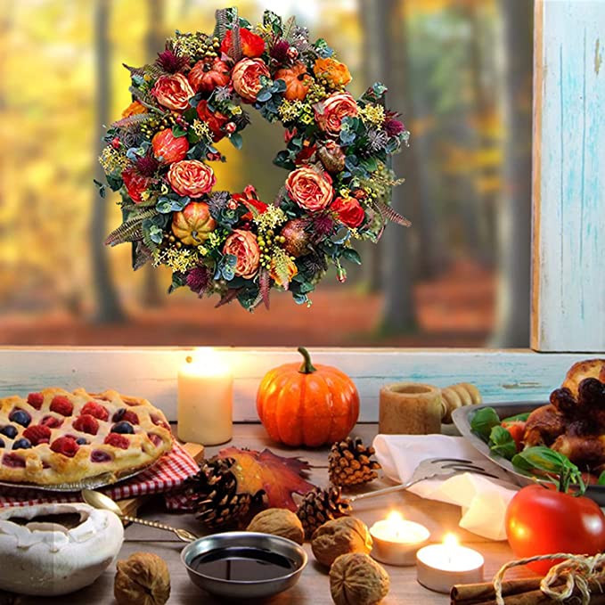 Sügisene pojengi kõrvitsa pärg Kunstlik sügisene saagikoristuspärja uks talude sisustusfestivali tähistamine uusaasta jõulukaunistus