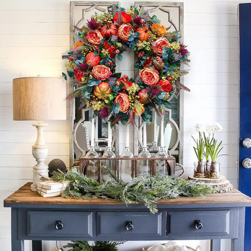 Sügisene pojengi kõrvitsa pärg Kunstlik sügisene saagikoristuspärja uks talude sisustusfestivali tähistamine uusaasta jõulukaunistus