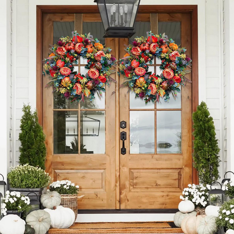 Sügisene pojengi kõrvitsa pärg Kunstlik sügisene saagikoristuspärja uks talude sisustusfestivali tähistamine uusaasta jõulukaunistus