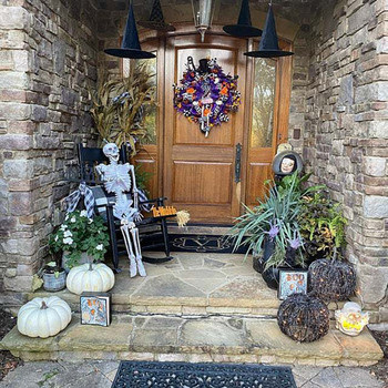 Хелоуин венец, висящ на врата, страшен, призрачен гирлянд, дизайн на скелет, декоративна висулка Направи си сам парти декор за дома, външни прозорци
