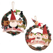 Coroană agățată din ratan de Crăciun, om de zăpadă, ren, păpușă, cu plante și fructe roșii, Crăciun Fericit, steagul de zăpadă, decor pentru grădină.