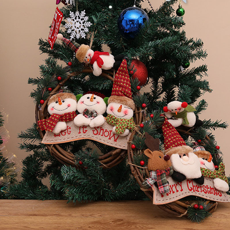 Coroană agățată din ratan de Crăciun, om de zăpadă, ren, păpușă, cu plante și fructe roșii, Crăciun Fericit, steagul de zăpadă, decor pentru grădină.