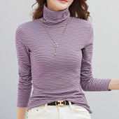 Naiste vabaaja kõrge polo kraega triibuline pluus