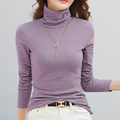 Naiste vabaaja kõrge polo kraega triibuline pluus