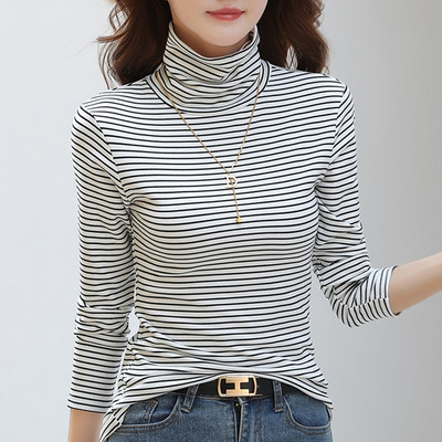 Naiste vabaaja kõrge polo kraega triibuline pluus