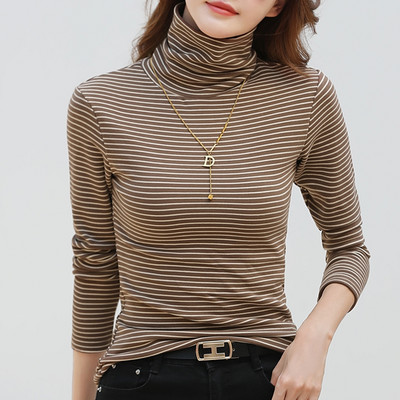 Naiste vabaaja kõrge polo kraega triibuline pluus