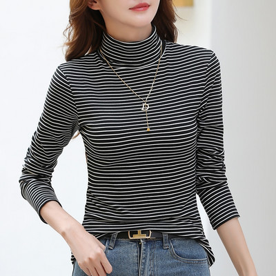 Naiste vabaaja kõrge polo kraega triibuline pluus