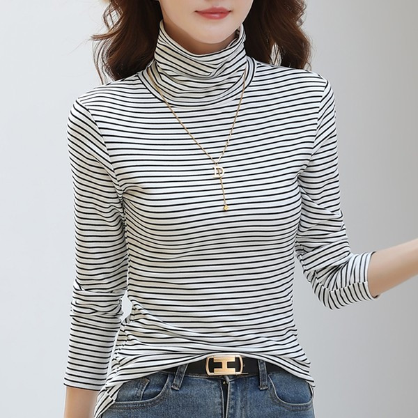 Naiste vabaaja kõrge polo kraega triibuline pluus