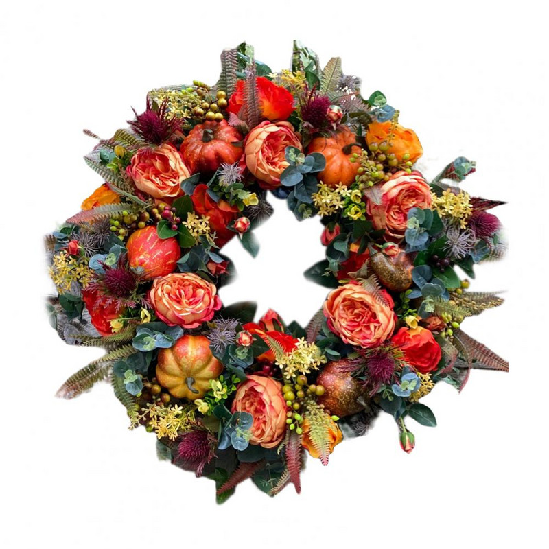 Võluv kõrvitsapärg Elav sügisene pärg Käsitööna valminud kodukaunistus esiukse sügiskaunistusega pärg