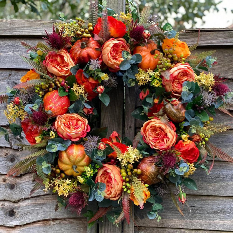 Võluv kõrvitsapärg Elav sügisene pärg Käsitööna valminud kodukaunistus esiukse sügiskaunistusega pärg