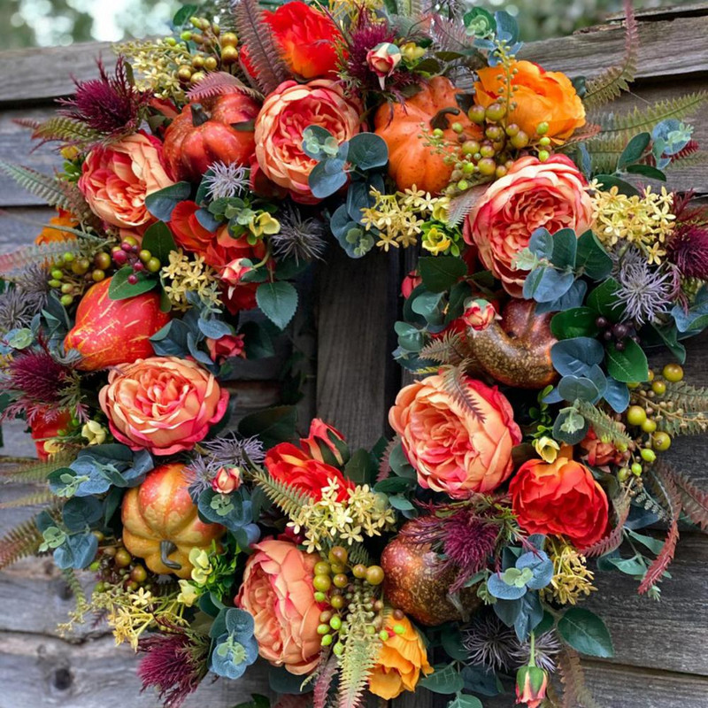 Võluv kõrvitsapärg Elav sügisene pärg Käsitööna valminud kodukaunistus esiukse sügiskaunistusega pärg