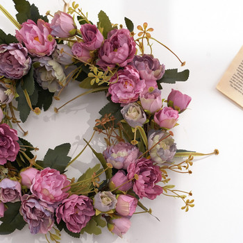 40 см голям цветен гирлянд Изкуствени венци Копринена роза Божур Цветя Кръгъл симулационен гирлянд от ратан за декор на сватбено тържество