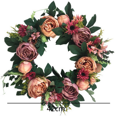 Γιρλάντα 40cm Μεγάλο Λουλούδι Τεχνητά Στεφάνια Μεταξωτό Τριαντάφυλλο Παιώνια Λουλούδια Στρογγυλή Γιρλάντα Simulation Rattan για Διακόσμηση Γάμου