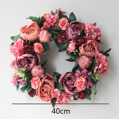 Γιρλάντα 40cm Μεγάλο Λουλούδι Τεχνητά Στεφάνια Μεταξωτό Τριαντάφυλλο Παιώνια Λουλούδια Στρογγυλή Γιρλάντα Simulation Rattan για Διακόσμηση Γάμου