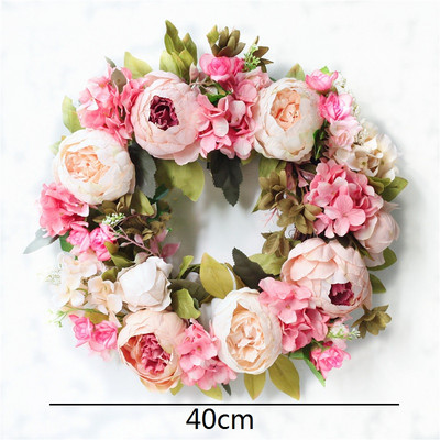 Γιρλάντα 40cm Μεγάλο Λουλούδι Τεχνητά Στεφάνια Μεταξωτό Τριαντάφυλλο Παιώνια Λουλούδια Στρογγυλή Γιρλάντα Simulation Rattan για Διακόσμηση Γάμου