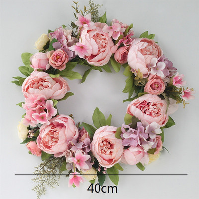 Γιρλάντα 40cm Μεγάλο Λουλούδι Τεχνητά Στεφάνια Μεταξωτό Τριαντάφυλλο Παιώνια Λουλούδια Στρογγυλή Γιρλάντα Simulation Rattan για Διακόσμηση Γάμου
