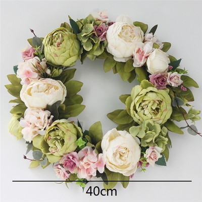 Γιρλάντα 40cm Μεγάλο Λουλούδι Τεχνητά Στεφάνια Μεταξωτό Τριαντάφυλλο Παιώνια Λουλούδια Στρογγυλή Γιρλάντα Simulation Rattan για Διακόσμηση Γάμου