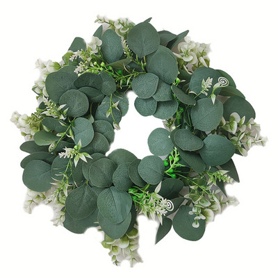 Mākslīgās rozes un mazie margrietiņu ziedi, zaļo lapu vainags eikalipta vītne mājas dekorēšanai durvju dekorēšanai