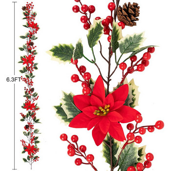 Χριστουγεννιάτικη γιρλάντα κόκκινων μούρων 6,3 FT, τεχνητή γιρλάντα Poinsettia, Χριστουγεννιάτικη γιρλάντα μούρων με κουκουνάρια