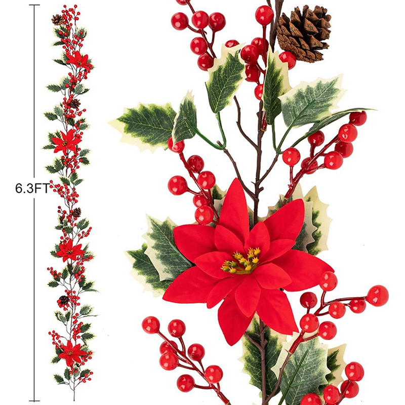 Ghirlandă de Crăciun cu fructe roșii de 6,3 ft, Ghirlandă artificială cu poinsettia, Ghirlandă cu fructe de pădure de Crăciun cu conuri de pin