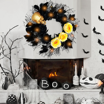 Хелоуин декорация за стена на входната врата, камина, череп, кленов венец с LED светлини, готически страховит декор от гирлянди от черни пера