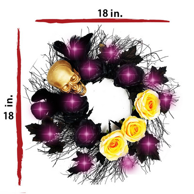 Helovīna rotājums priekšdurvju sienas kamīna galvaskausa kļavu vainagam ar LED gaismām Gotiski rāpojošs melns spalvu vītnes dekors