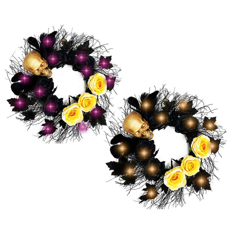 Helovīna rotājums priekšdurvju sienas kamīna galvaskausa kļavu vainagam ar LED gaismām Gotiski rāpojošs melns spalvu vītnes dekors