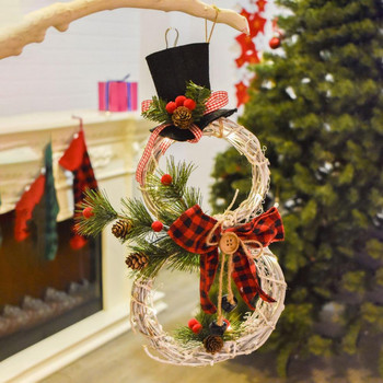 Χριστουγεννιάτικος κύκλος Rattan Φωτισμός LED Καρό φιόγκος πεύκο βελόνα κόκκινα μούρα Χριστουγεννιάτικο στεφάνι τοίχου για πάρτι χιονάνθρωπος σε πόρτα