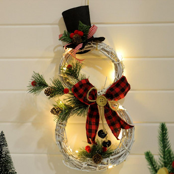 Коледен ратанов кръг LED осветление Кариран лък Борови игли Червени плодове Стенен венец Коледен врата Висящ снежен човек Гирлянда за парти