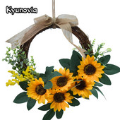 Mākslīgā saulespuķu vītne 26cm Mājas dekorēšana Roku darbs rotangpalmas imitācijas durvju vainags Sienas apdare Guļamistabas kulons KH06