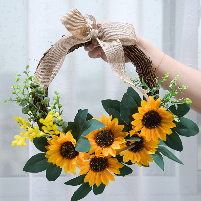 Mākslīgā saulespuķu vītne 26cm Mājas dekorēšana Roku darbs rotangpalmas imitācijas durvju vainags Sienas apdare Guļamistabas kulons KH06