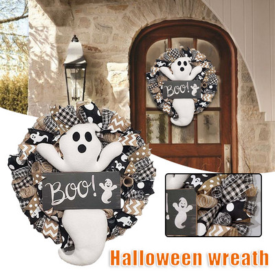 Αγρόκτημα Halloween Ghost Wreath Boo Ghost Wreath Χαριτωμένο στολίδι κρεμαστό μπροστινή πόρτα Φεστιβάλ Διακόσμηση σπιτιού Απόκριες στεφάνι