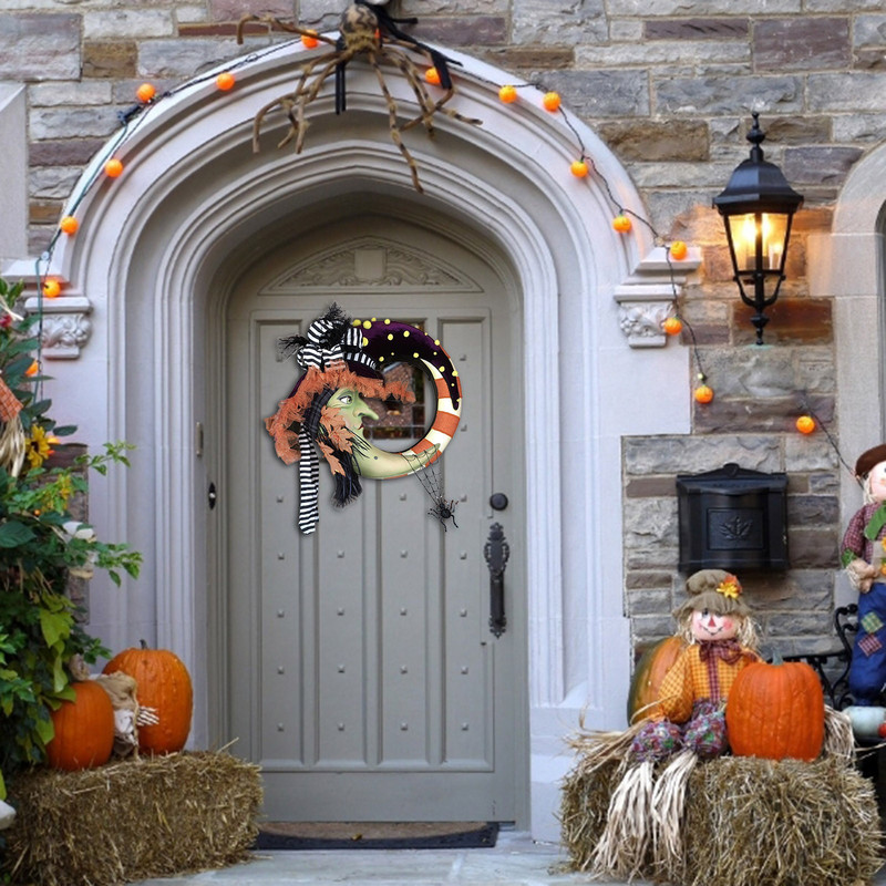 Вещица Лунен венец Хелоуин венец Хелоуин Коледно парти Висулка Закачалка за врата Чул Фенер Венец Начало Декорация 40см #Z