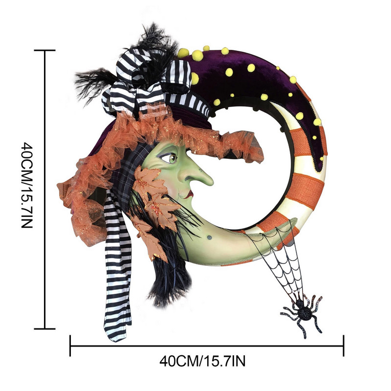 Вещица Лунен венец Хелоуин венец Хелоуин Коледно парти Висулка Закачалка за врата Чул Фенер Венец Начало Декорация 40см #Z