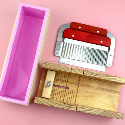Дървена форма за рязане на сапун и комплект ножове за сапун Правоъгълна силиконова форма с дървена кутия Прав и вълнообразен нож за сапун