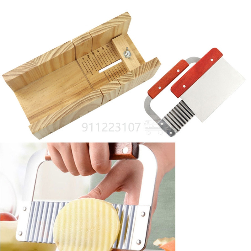 Medinės muilo pjaustyklės formos ir muilo pjaustytuvų rinkinys stačiakampė silikoninė forma su medžio dėžute tiesia ir banguota muilo pjaustytuvu