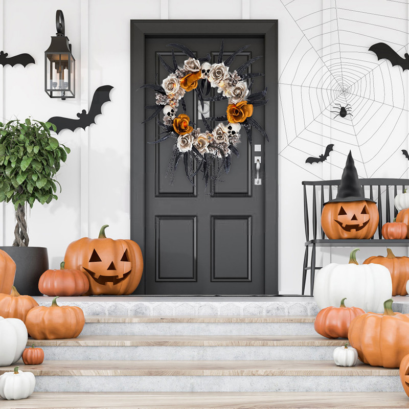 Nouă coroană de craniu de Halloween, decorație pentru ușa din față, ornamente de ghirlande artificiale suspendate pentru festival, ghirlande de Halloween