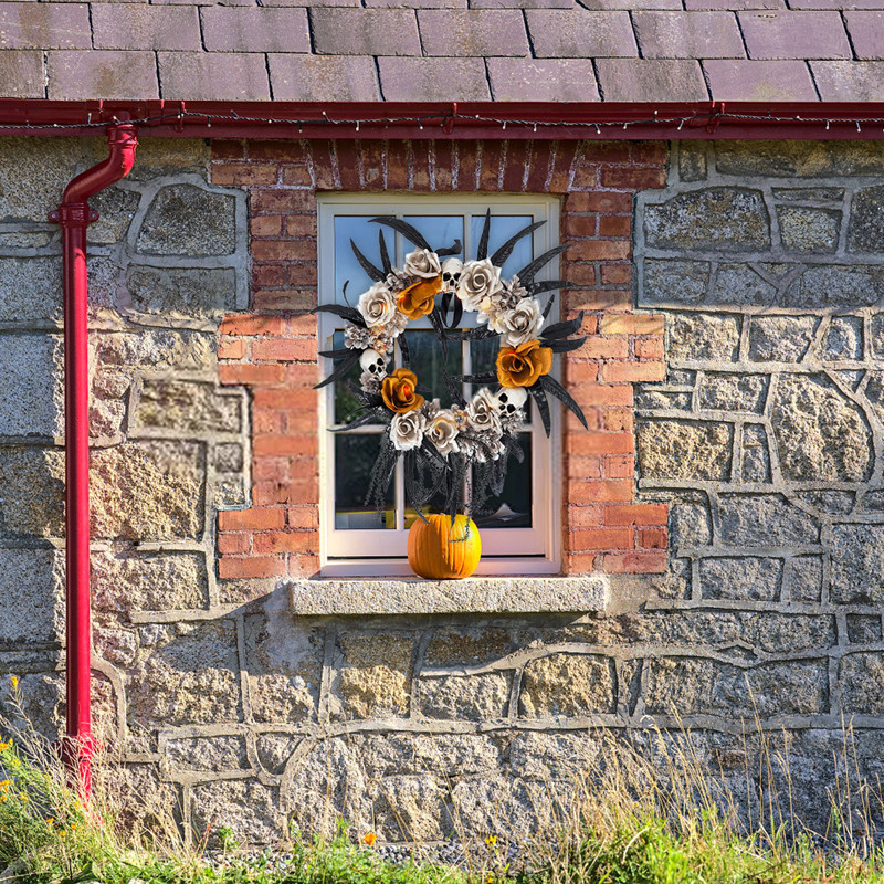 Nouă coroană de craniu de Halloween, decorație pentru ușa din față, ornamente de ghirlande artificiale suspendate pentru festival, ghirlande de Halloween