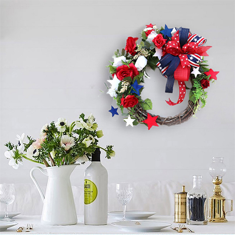 Στεφάνι 4ης Ιουλίου Πατριωτικά τεχνητά πράσινα φύλλα για την ημέρα της ανεξαρτησίας Μπροστινή πόρτα στεφάνι Γιρλάντα Μπροστινή πόρτα Στεφάνι καλωσορίσματος