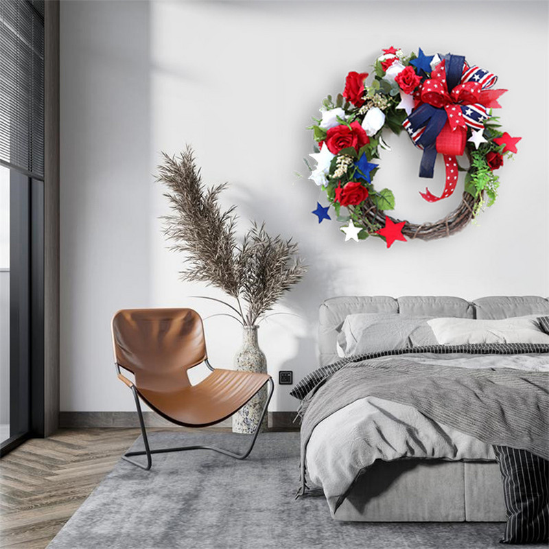 Στεφάνι 4ης Ιουλίου Πατριωτικά τεχνητά πράσινα φύλλα για την ημέρα της ανεξαρτησίας Μπροστινή πόρτα στεφάνι Γιρλάντα Μπροστινή πόρτα Στεφάνι καλωσορίσματος