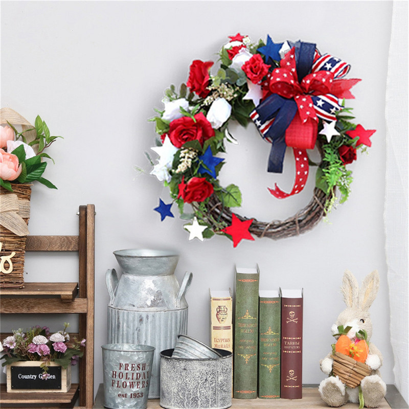 Στεφάνι 4ης Ιουλίου Πατριωτικά τεχνητά πράσινα φύλλα για την ημέρα της ανεξαρτησίας Μπροστινή πόρτα στεφάνι Γιρλάντα Μπροστινή πόρτα Στεφάνι καλωσορίσματος