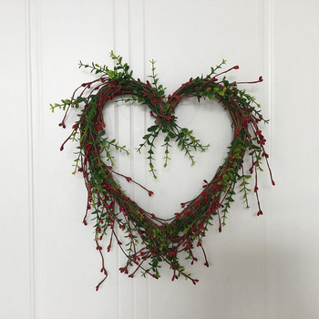 Изкуствен червен мини-ягоден венец във формата на сърце Сърце от праскова Зелен растителен венец Сватбена висяща декорация на врата Декорация на стена