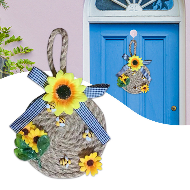 Κρεμάστρες στεφάνι με λουλούδια μέλισσας Ρουστίκ παράθυρο τοίχου στεφάνι Εξαιρετικά χειροποίητα κρεμαστά μενταγιόν καλωσορίσματος Πινακίδα πόρτας Εξοχικό Πάρτι για το σπίτι