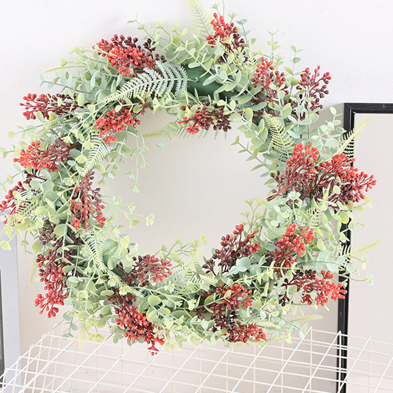 Coroană de Crăciun Conă de pin artificială Ghirlandă cu fructe de pădure roșii Ornamente agățate Decorații de perete pentru ușa din față Coroană de pom de Crăciun Fericit