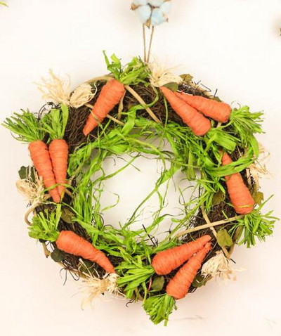 2019. gada pavasara vainags, rotangpalmas, ar rokām darināti apkari, vītnes dekori, Lieldienu vainags, burkāns, Lieldienu rotājuma durvju vainags mājām