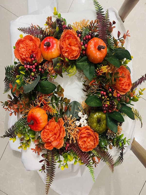 2023, dovleac, frunze de arțar, ratan, coroană de Crăciun, toamnă, Halloween, Ziua Recunoștinței, ușă, ghirlande de decorare festive pentru petrecere.