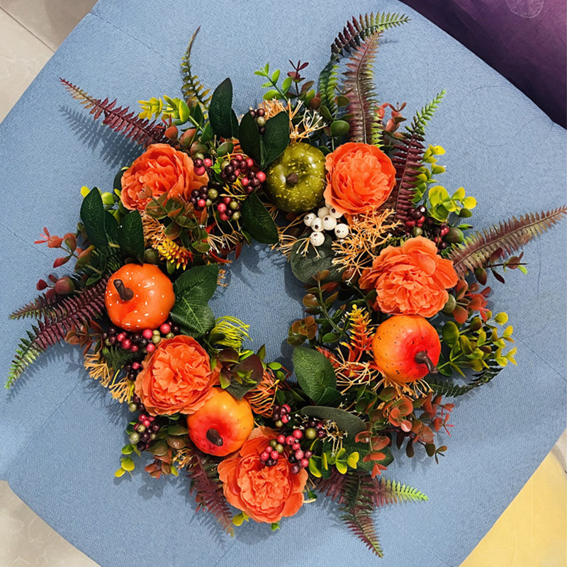 2023, dovleac, frunze de arțar, ratan, coroană de Crăciun, toamnă, Halloween, Ziua Recunoștinței, ușă, ghirlande de decorare festive pentru petrecere.